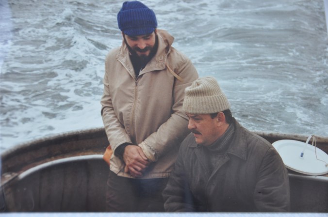 Dr. Michael Flint (right), and another Russian scientist heading out to sea to do research. Copyright 1992, David E. Shormann